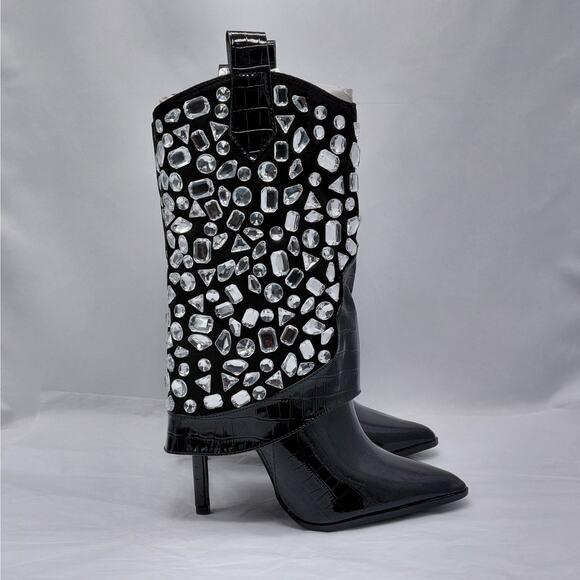 Lauren Lorraine Hana Rhinestone Cowboy Boots Black Western Glam Size 8 Cowgirl - Picture 1 of 12